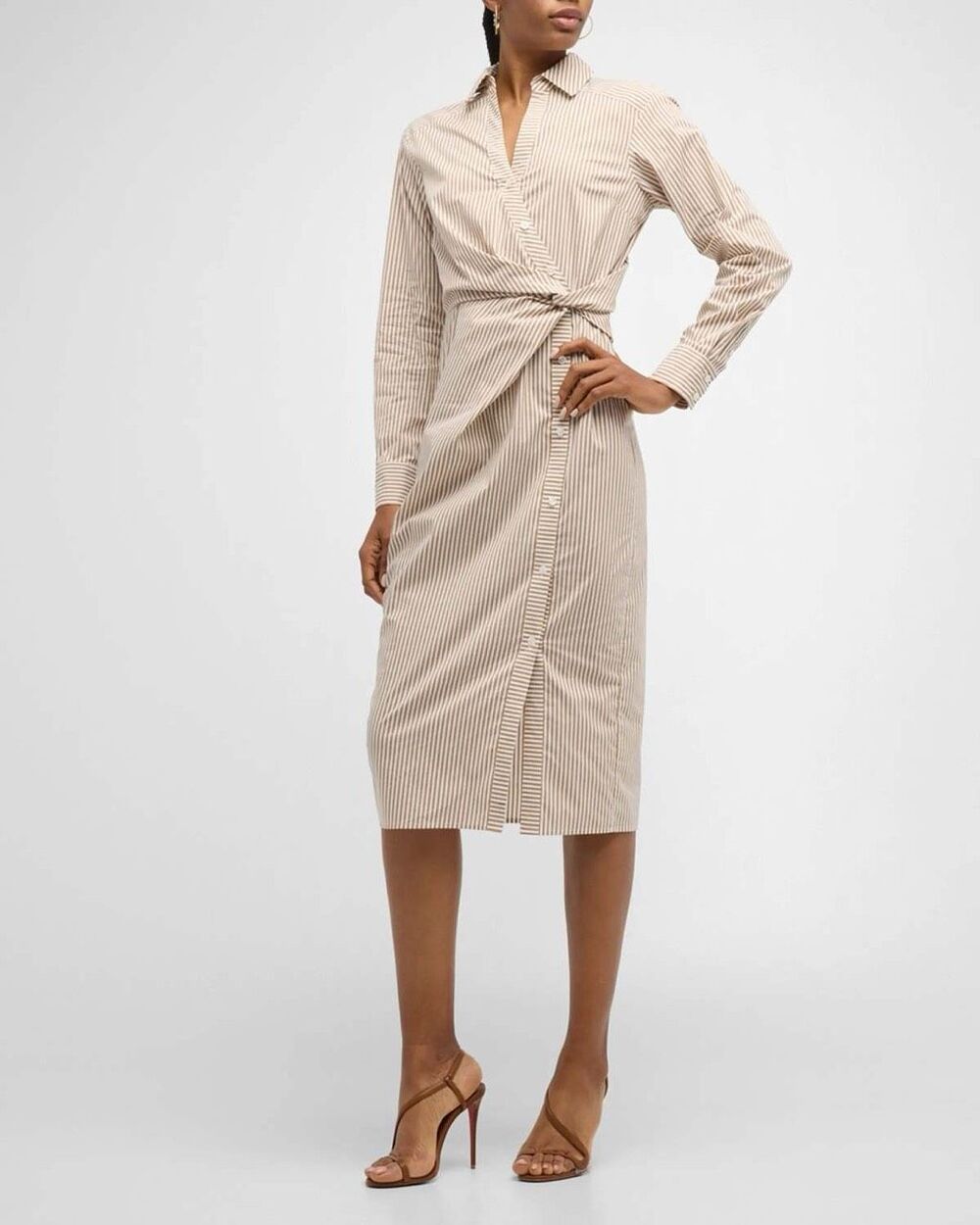 Veronica Beard Wright Cotton Shirt Dress in Tan White Stripe Size 14